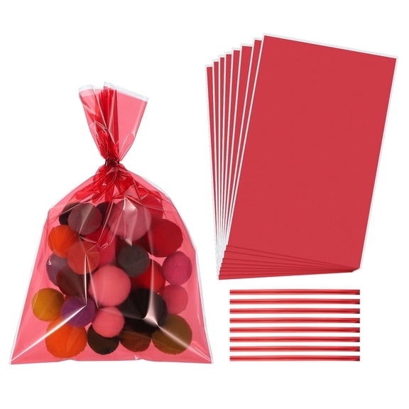 Uxcell Treat Bags, Clear Gift Bags with Twist Ties Plastic Gift for Candy Party Favor Cookies Candies Packaging Red