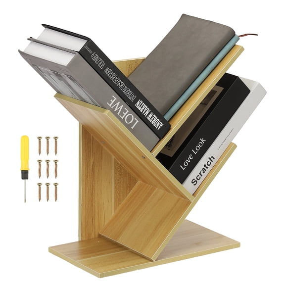 Uxcell Tree Bookshelf, 3-Tier Wood Floor Standing Tree Bookcase Small Book Storage Rack Organizer Shelves for CD Movies Bedroom Living Room Home Office, Light Walnut