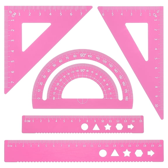 Uxcell Triangle Ruler Protractor Square and Ruler Set, 5 Pcs(Pink, 15cm/6")