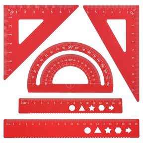Uxcell Triangle Ruler Protractor Square and Ruler Set, 5 Pcs(Red, 15cm/6")