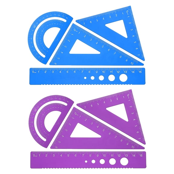 Uxcell Triangle Ruler Protractor Square and Ruler Set, 8 Pcs(Blue/Purple, 15cm/6")
