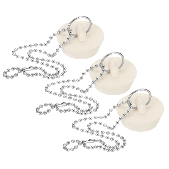 Uxcell Tub Drain Stopper, 3Pcs for 1-3/8" to 1-1/2" Rubber Bath Tub Drain Sink Stopper with Pull Ring Stainless Steel Beaded Chain for Kitchen Sink Bathroom Laundry, White