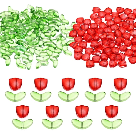 Uxcell Tulip Flower Crystal Glass Beads, 200 Pack Flower Bead Handcrafted Glass Spacer Bead, Dark Red/Green