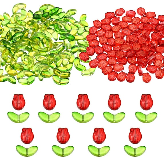 Uxcell Tulip Flower Crystal Glass Beads, 200 Pack Texture Flower Bead Handcrafted Glass Spacer Bead, Red/Green