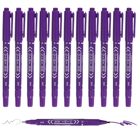 Uxcell Twin Tip Permanent Markers, 12 Pack Purple Fine and Ultra Fine Point Colored Makers Quick Drying Coloring Pen for Writing Drawing on Wood Plastic Metal Glass Stone