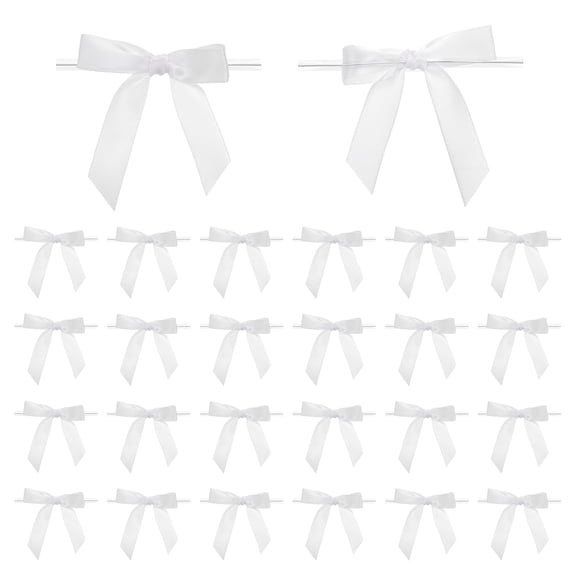 Uxcell Twist Tie Bows, Premade Satin Ribbon Bow for Crafts Candy Treat Bags Cake Gift Wrapping Wedding Birthday Party Decorations White
