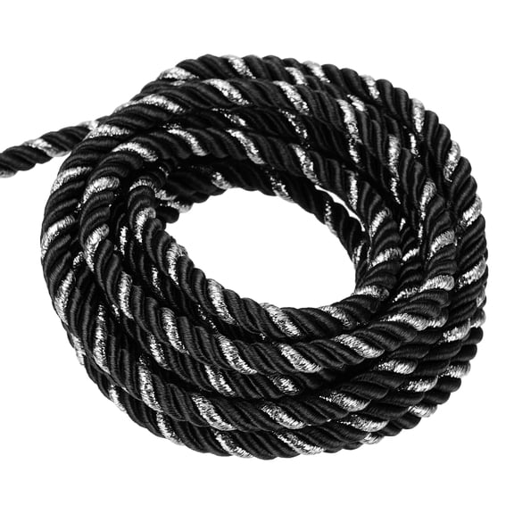 Uxcell Twisted Cord Trim, Twine Braided Rope Thread String 1Pc Black, Silver 5mm x 15m