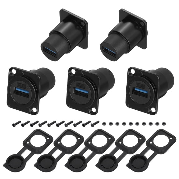 5Pcs USB 3.0 Panel Mount Coupler, D-Type USB Pass Through Connector, 5.0Gbps Black Bulkhead Extension for Home/Office/Industrial