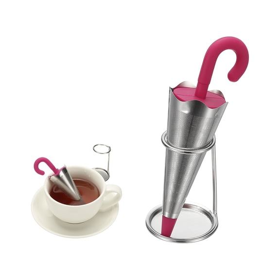 Uxcell Umbrella Tea Infuser, Stainless Steel Loose Leaf Tea Steeper Filter with Silicone Handle Reusable Thin Pores Mesh Strainer Diffuser for Teacups Teapots Mugs, Rose Red
