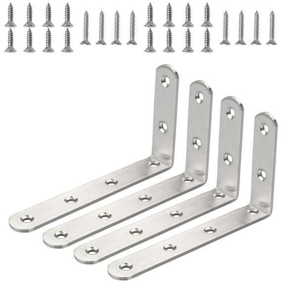 Uxcell Unique Bargains 4.92' x 2.95' Stainless Steel L Shaped Angle Brackets Corner Braces Support with Screws, 4pcs