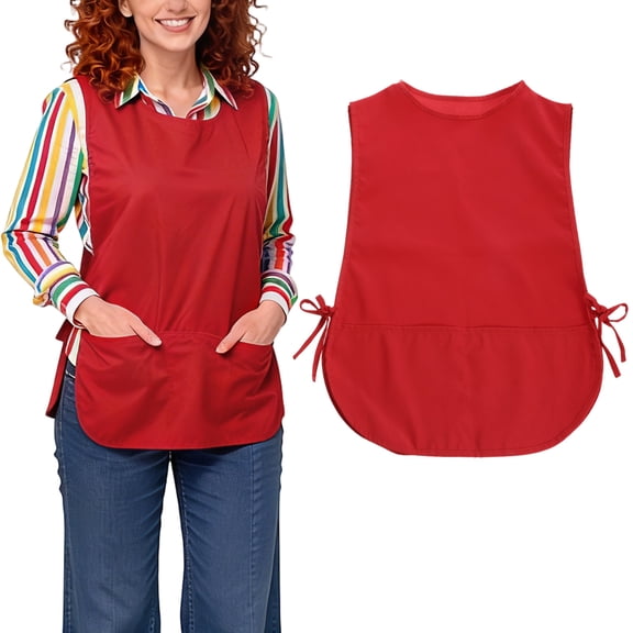 Uxcell Unisex Smock Apron, Kitchen Cleaning Work Apron Water & Oil Resistant for Men and Women with Side Ties and 2 Pockets for Chef Kitchen, Cleaning, Barber, Art Painting, Red
