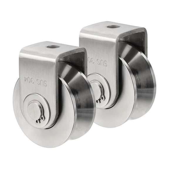 Uxcell V Groove Wheel with Bracket, Stainless Steel Track Wheel Dia.2.7" Loading 660 lbs Heavy Duty Rigid Caster for Inverted Rolling Gate Industrial Machines Wire Rope Rail, Pack of 2