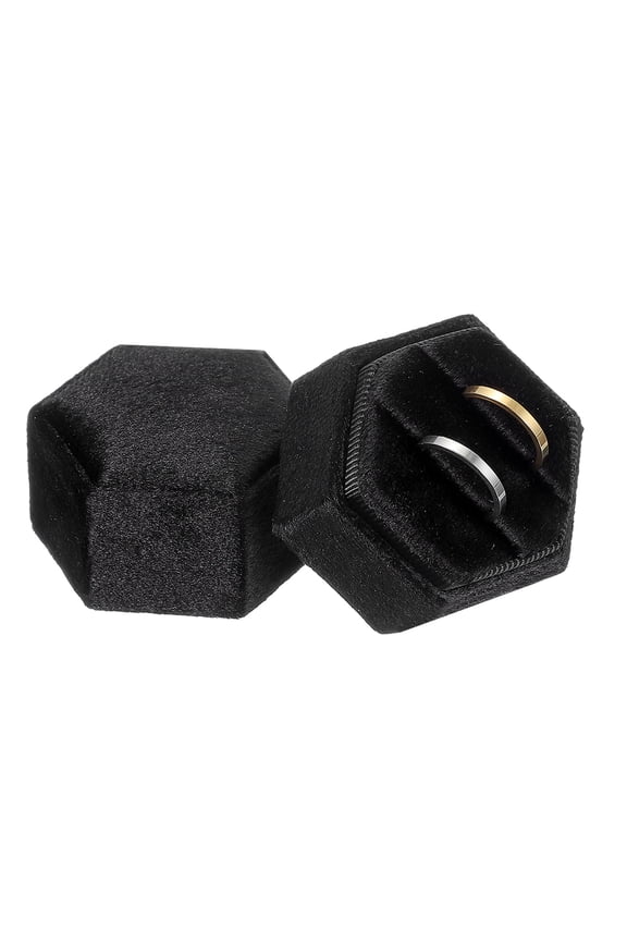 Velvet Ring Box, Hexagonal Ring Box Storage 2 Slots Ring Holder Box for Proposal, Engagement, Wedding Ceremony (Black)