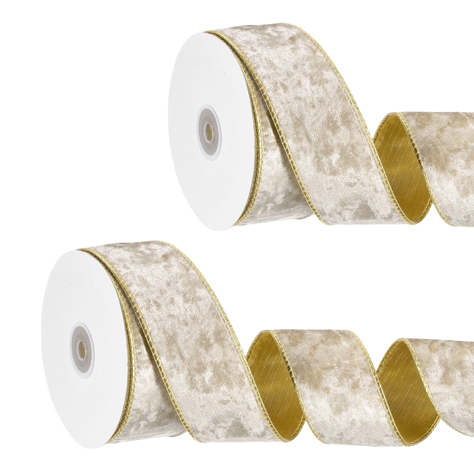 Uxcell Velvet Wired Ribbon, (1.6 Inch x 10 Yards, 2 Pcs)(Champagne) Velvety Gold Crushed Ribbons Gift Wrapping Binding, Suit For- Crafts/Bow/Wreaths/Christmas Tree Decoration