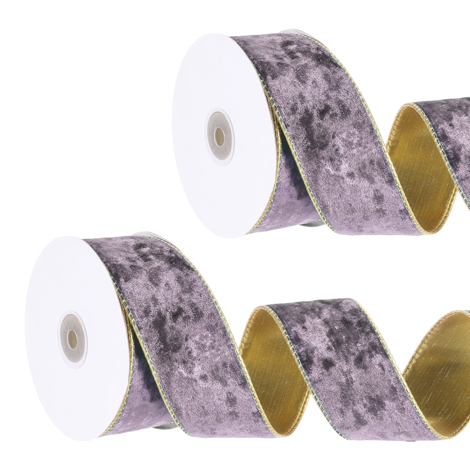 Uxcell Velvet Wired Ribbon, (1.6 Inch x 10 Yards, 2 Pcs)(Dark Purple) Velvety Gold Crushed Ribbons Gift Wrapping Binding, Suit For- Crafts/Bow/Wreaths/Christmas Tree Decoration