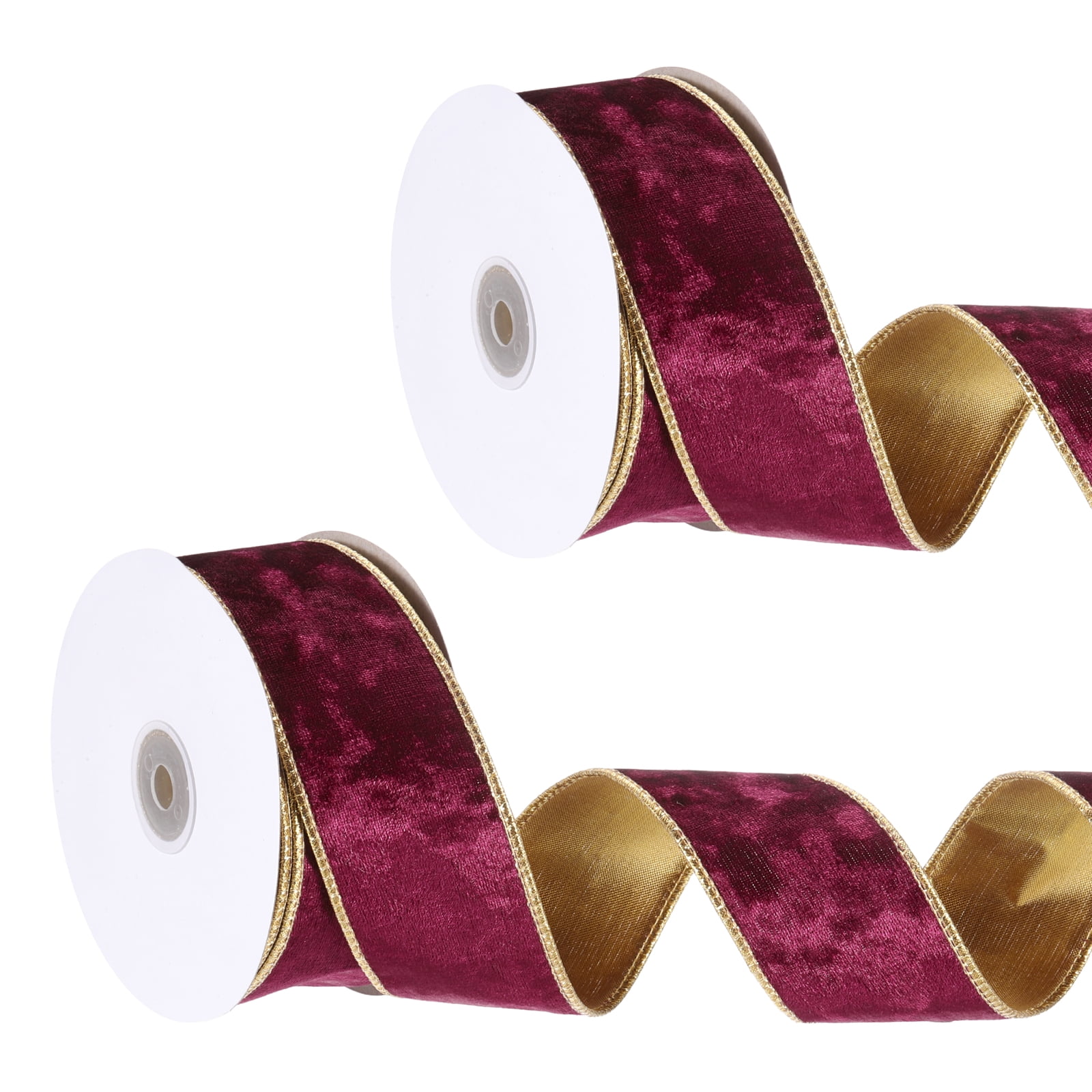 Uxcell Velvet Wired Ribbon, (1.6 Inch x 10 Yards, 2 Pcs)(Dark Red) Velvety Gold Crushed Ribbons Gift Wrapping Binding, Suit For- Crafts/Bow/Wreaths/Christmas Tree Decoration