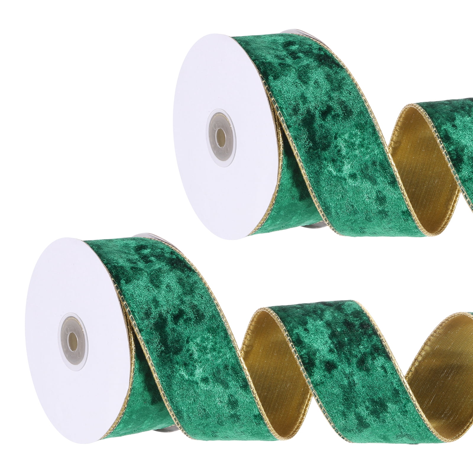 Uxcell Velvet Wired Ribbon, (1.6 Inch x 10 Yards, 2 Pcs)(Green) Velvety Gold Crushed Ribbons Gift Wrapping Binding, Suit For- Crafts/Bow/Wreaths/Christmas Tree Decoration