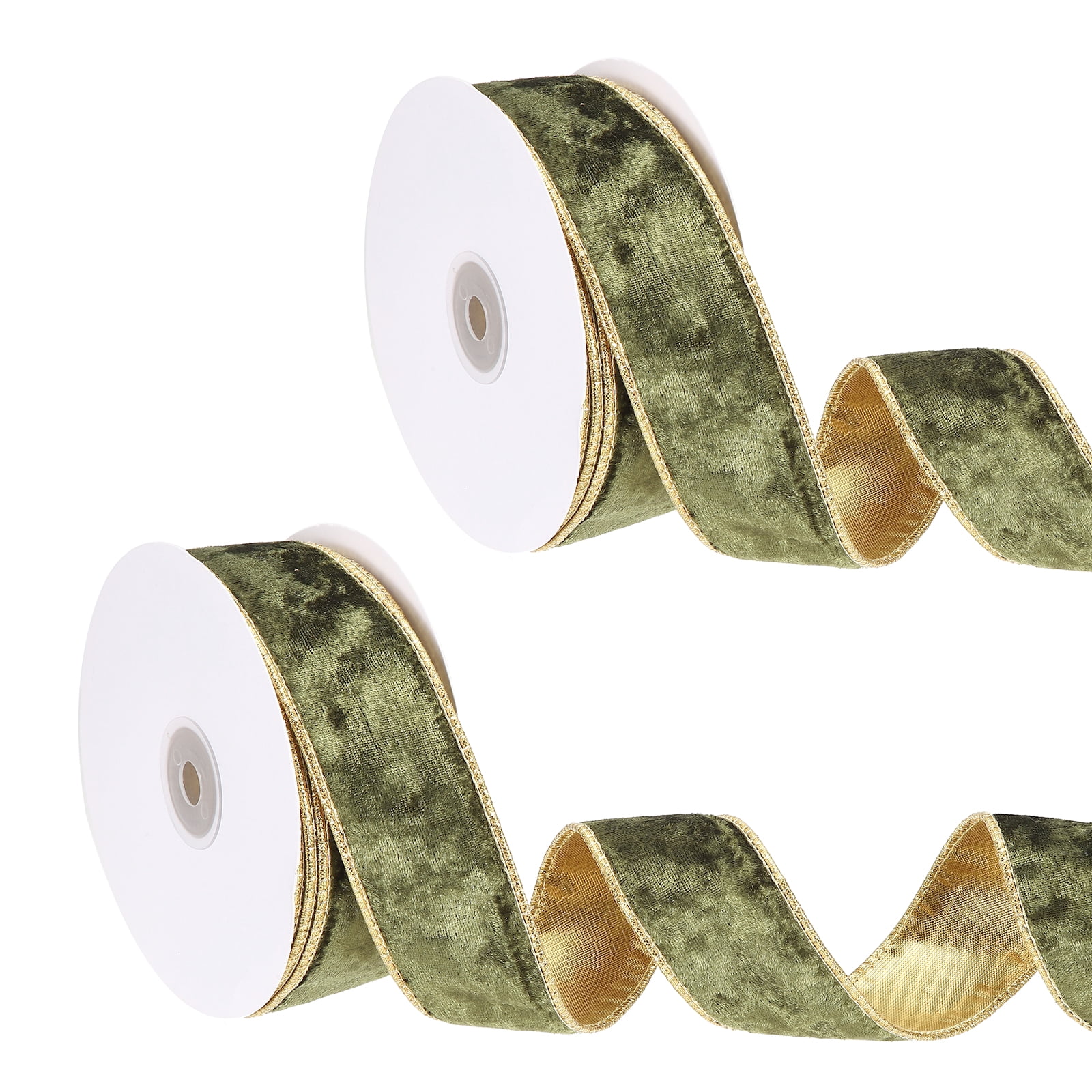 Uxcell Velvet Wired Ribbon, (1.6 Inch x 10 Yards, 2 Pcs)(Light Green) Velvety Gold Crushed Ribbons Gift Wrapping Binding, Suit For- Crafts/Bow/Wreaths/Christmas Tree Decoration