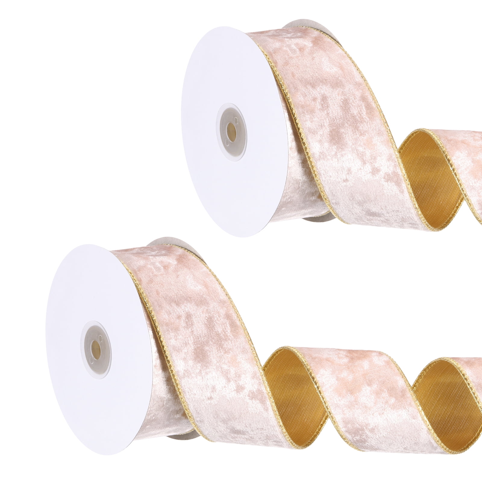 Uxcell Velvet Wired Ribbon, (1.6 Inch x 10 Yards, 2 Pcs)(Pink) Velvety Gold Crushed Ribbons Gift Wrapping Binding, Suit For- Crafts/Bow/Wreaths/Christmas Tree Decoration