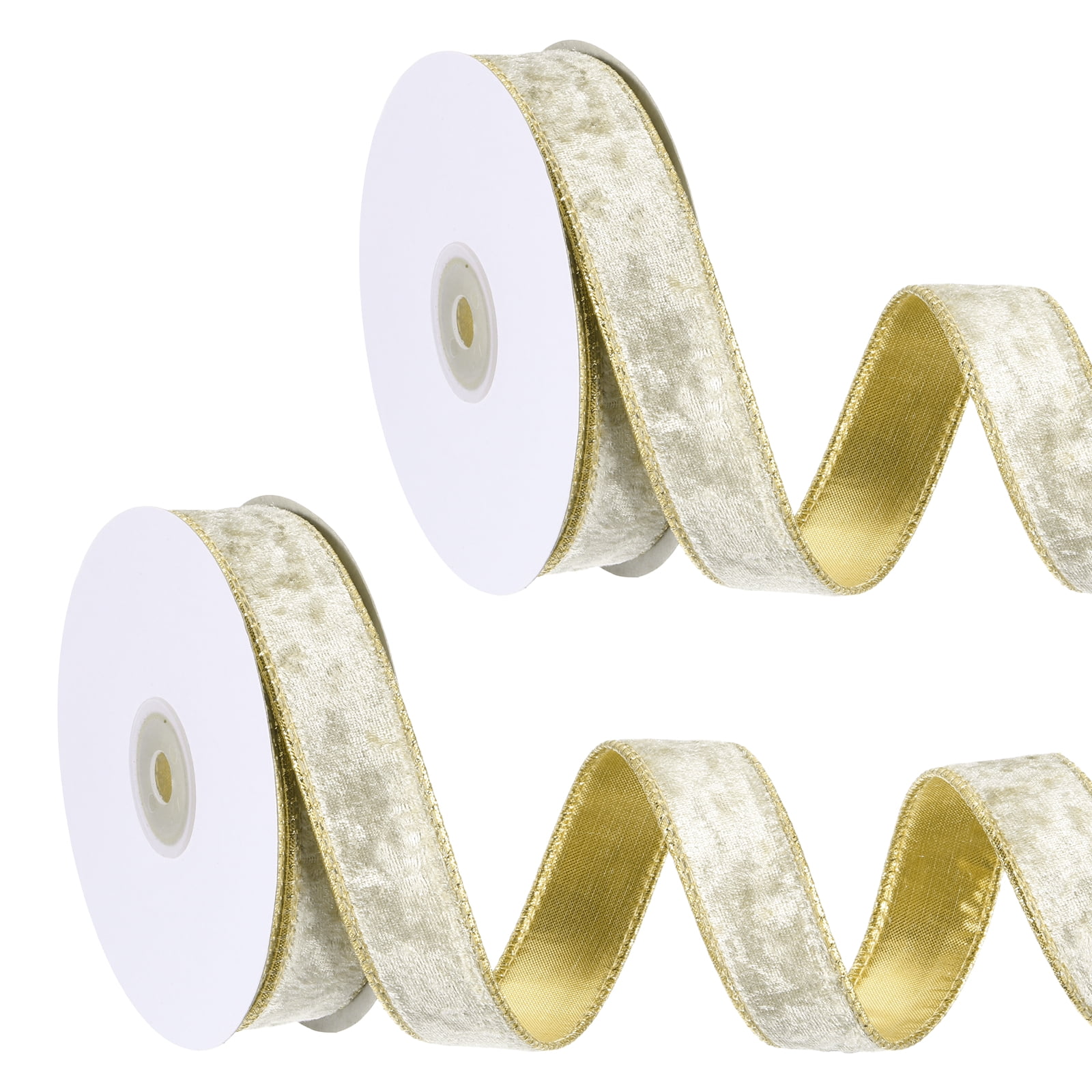 Uxcell Velvet Wired Ribbon, (1 Inch x 10 Yards, 2 Pcs)(Champagne) Velvety Gold Crushed Ribbons Gift Wrapping Binding, Suit For- Crafts/Bow/Wreaths/Christmas Tree Decoration