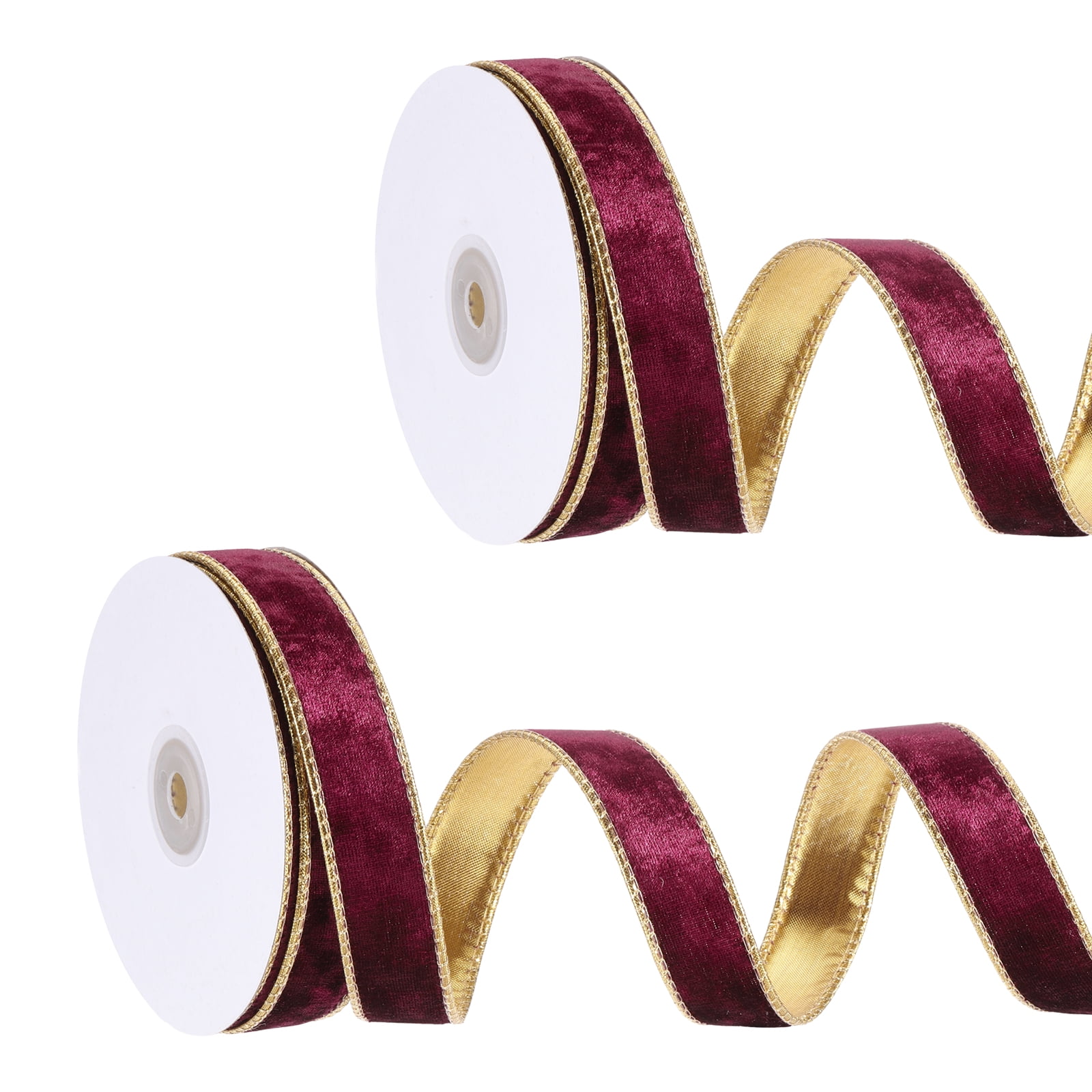 Uxcell Velvet Wired Ribbon, (1 Inch x 10 Yards, 2 Pcs)(Dark Red) Velvety Gold Crushed Ribbons Gift Wrapping Binding, Suit For- Crafts/Bow/Wreaths/Christmas Tree Decoration