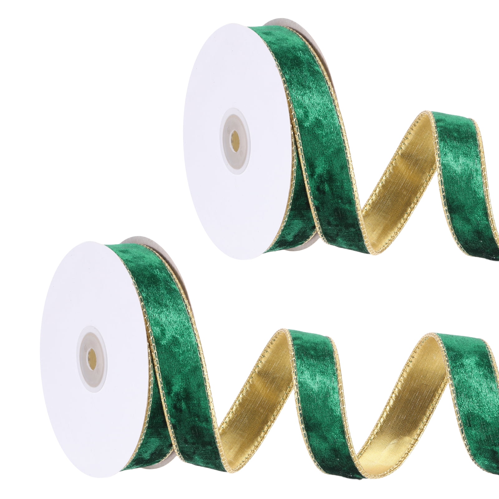 Uxcell Velvet Wired Ribbon, (1 Inch x 10 Yards, 2 Pcs)(Green) Velvety Gold Crushed Ribbons Gift Wrapping Binding, Suit For- Crafts/Bow/Wreaths/Christmas Tree Decoration