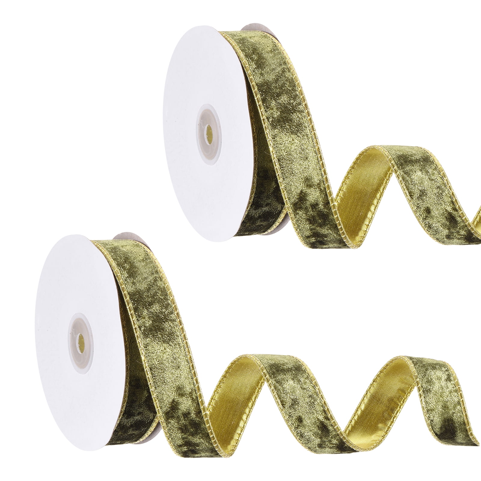 Uxcell Velvet Wired Ribbon, (1 Inch x 10 Yards, 2 Pcs)(Light Green) Velvety Gold Crushed Ribbons Gift Wrapping Binding, Suit For- Crafts/Bow/Wreaths/Christmas Tree Decoration