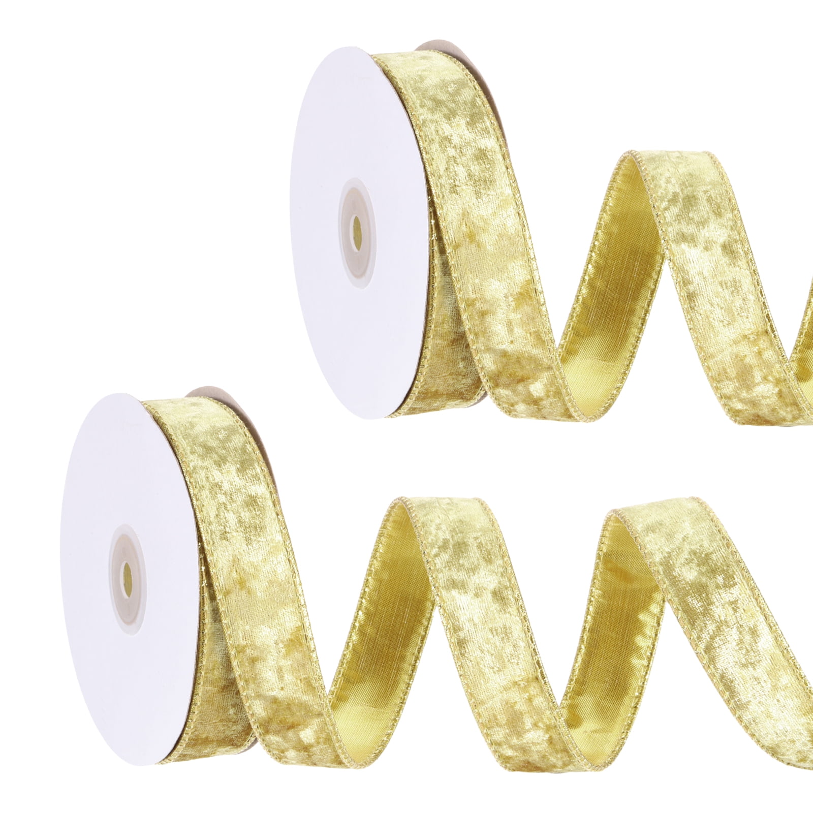 Uxcell Velvet Wired Ribbon, (1 Inch x 10 Yards, 2 Pcs)(Yellow) Velvety Gold Crushed Ribbons Gift Wrapping Binding, Suit For- Crafts/Bow/Wreaths/Christmas Tree Decoration
