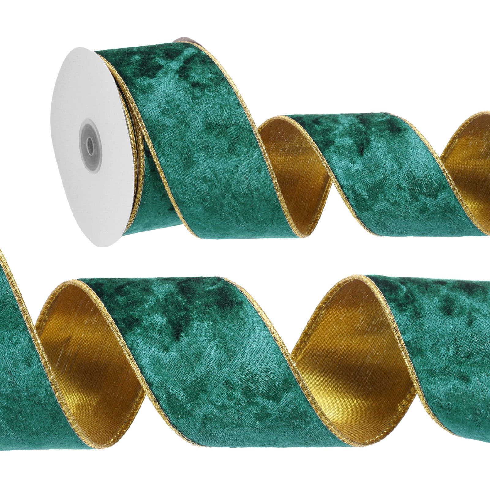 Uxcell 2.5" x 10 Yards Velvet Wired Gold Crushed Ribbon for Bow Decor Dark Green