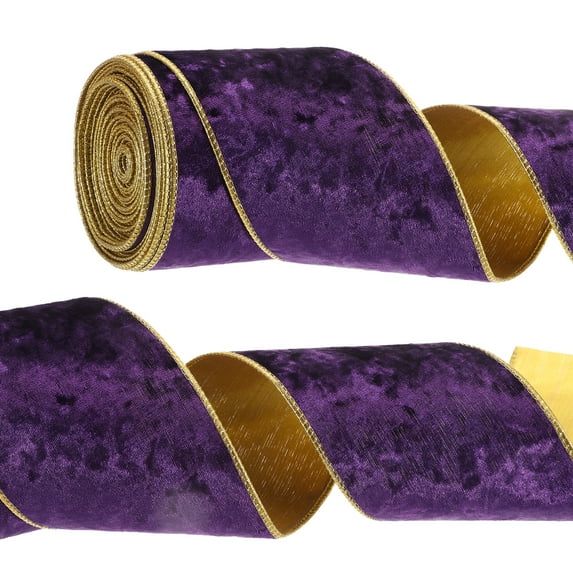 Uxcell 4" x 10 Yards Velvet Wired Gold Crushed Ribbon for Bow Decor Dark Purple