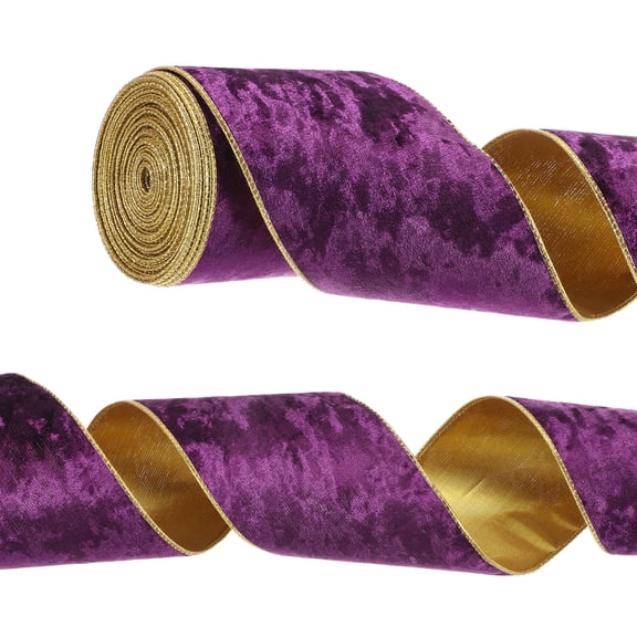 Uxcell 4" x 10 Yards Velvet Wired Gold Crushed Ribbon for Bow Decor Deep Purple