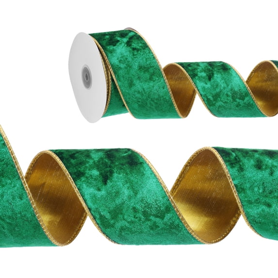 Uxcell 2.5" x 10 Yards Velvet Wired Gold Crushed Ribbon for Bow Decor Green