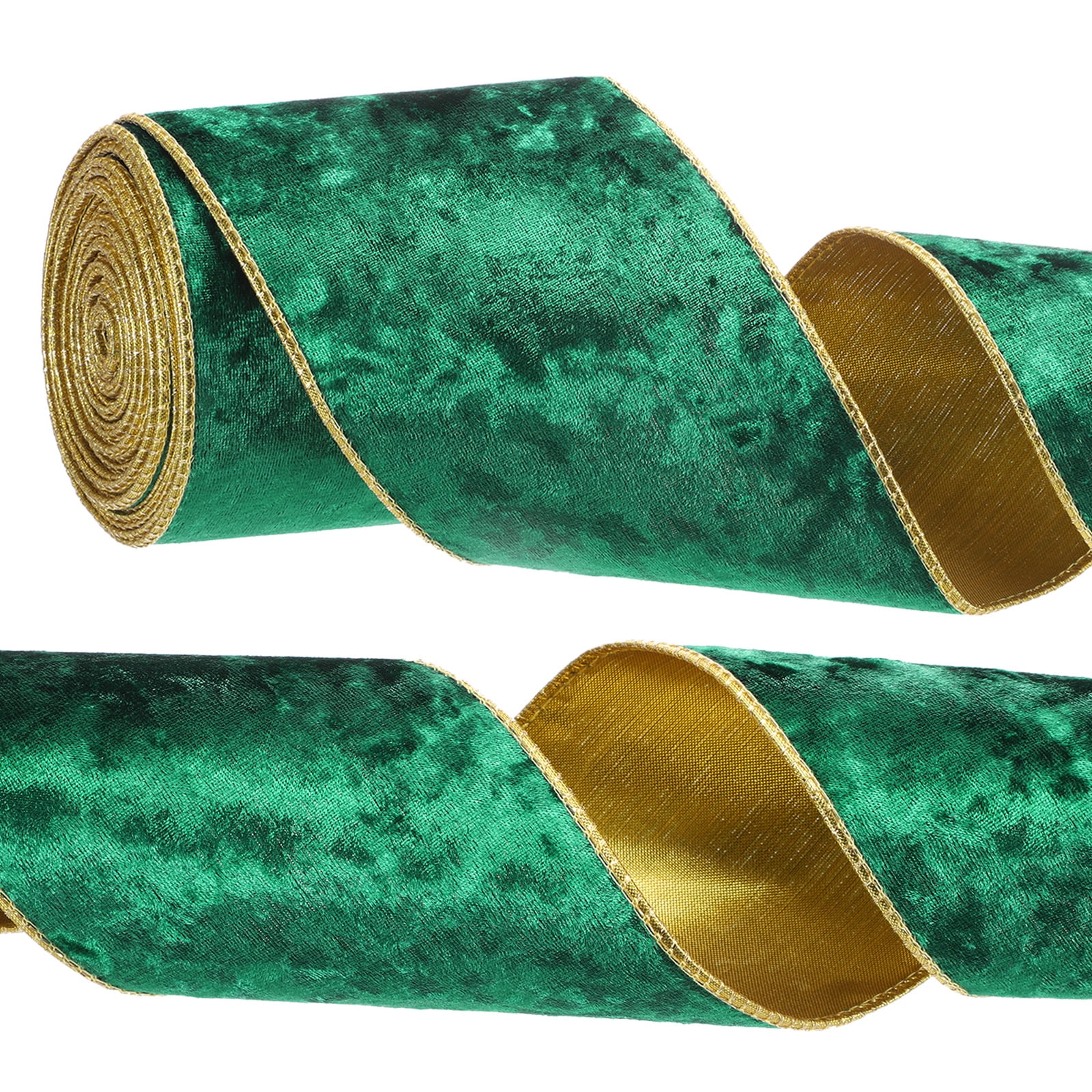 Uxcell 4" x 10 Yards Velvet Wired Gold Crushed Ribbon for Bow Decor Green