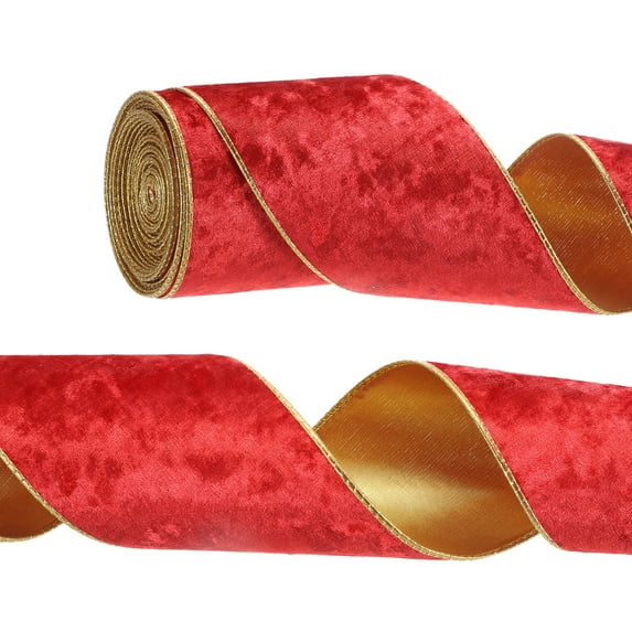Uxcell 4" x 10 Yards Velvet Wired Gold Crushed Ribbon for Bow Decor Pure Red