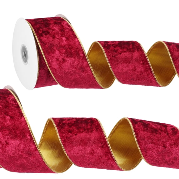 Uxcell 2.5" x 10 Yards Velvet Wired Gold Crushed Ribbon for Bow Decor Red