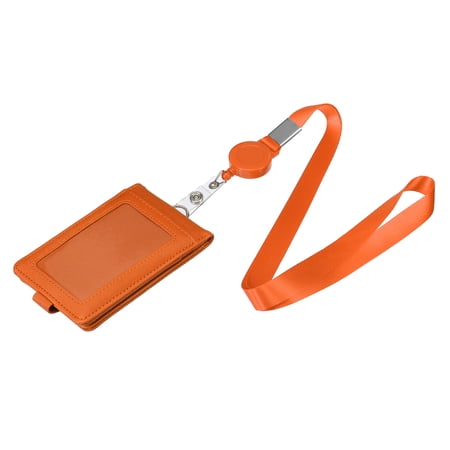 Uxcell Vertical Folded 5 Card Slots PU ID Badge Holder with Retractable Lanyard Orange