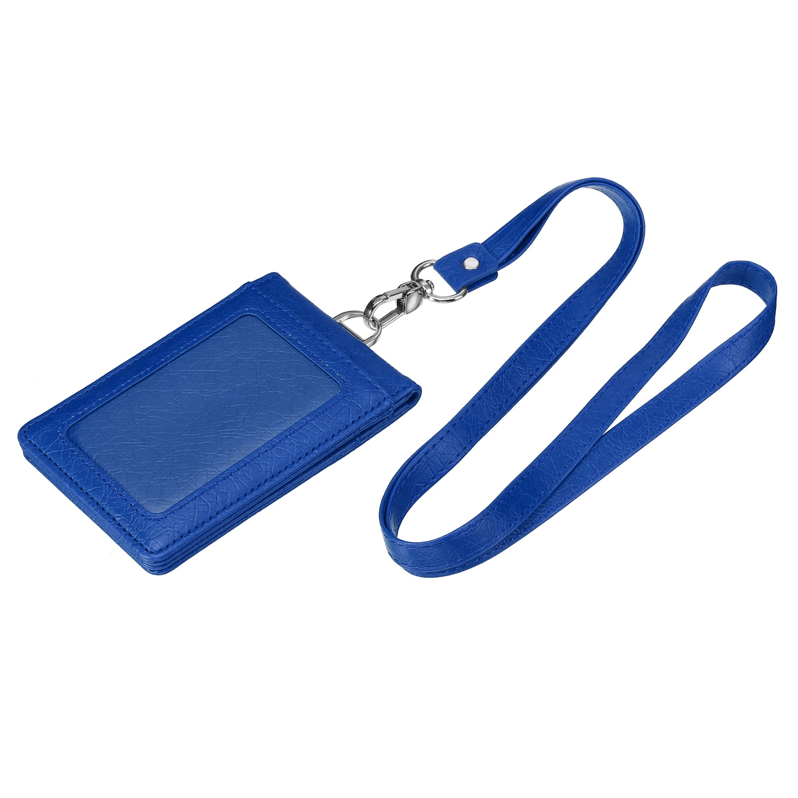 5 Pack Vertical ID Badge Holders - Clear & Blue PU Leather Card Holders With Strap Hole (Clip & Strap Not Included)