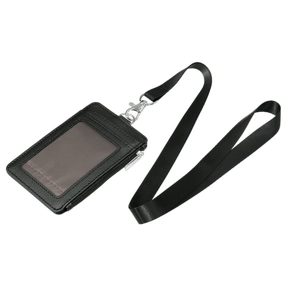 Uxcell Vertical PU Leather 5 Card Slots ID Badge Holder Zipper Wallet with Lanyard, Black