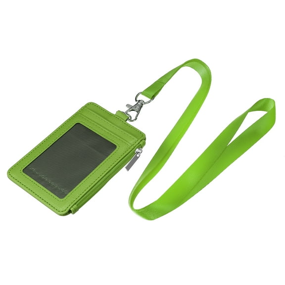 Uxcell Vertical PU Leather 5 Card Slots ID Badge Holder Zipper Wallet with Lanyard, Green