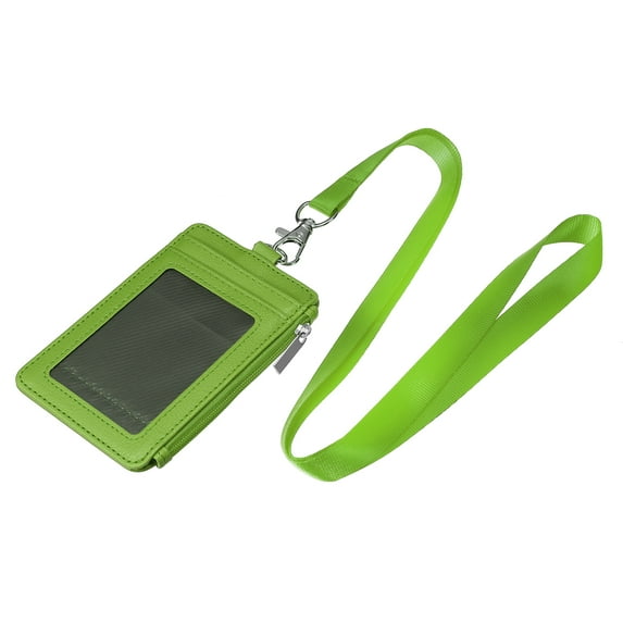 Uxcell Vertical PU Leather 5 Card Slots ID Badge Holder Zipper Wallet with Lanyard, Green