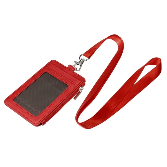 Uxcell Vertical PU Leather 5 Card Slots ID Badge Holder Zipper Wallet with Lanyard, Red