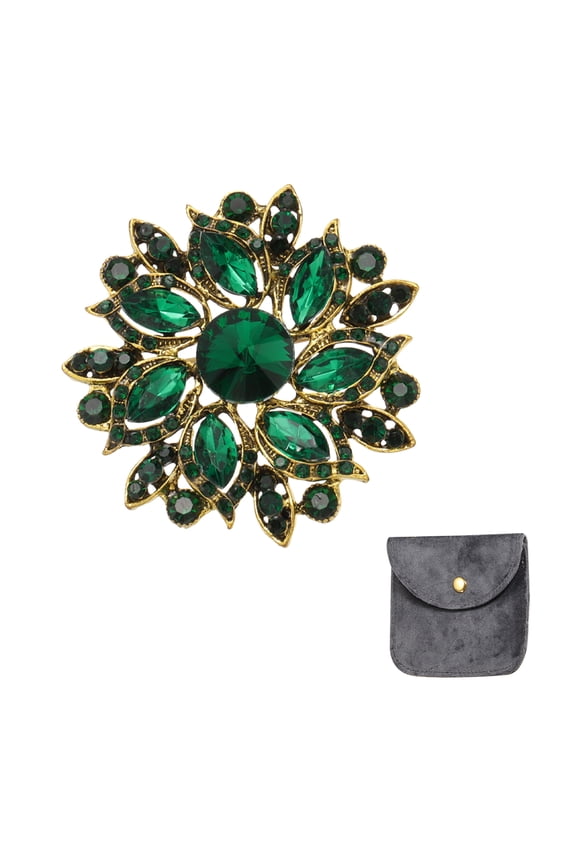 Vintage Crystal Rhinestone Brooch for Women, 2.1 Inch Flower Lapel Pins Alloy Rhinestone Flower Brooch Pin for Scarves Dress Hat Suit Wedding, Green