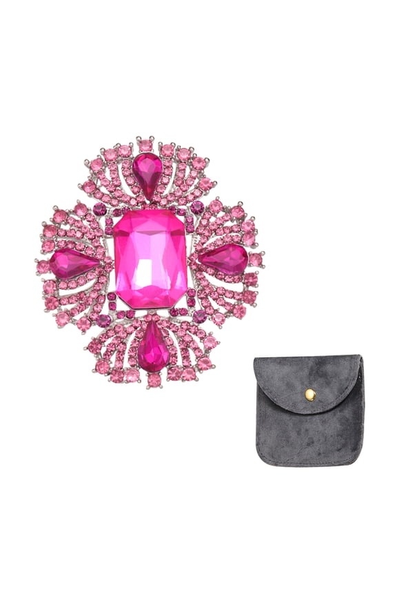 Vintage Crystal Rhinestone Brooch for Women, 2.6 Inch Flower Lapel Pins Alloy Rhinestone Cross Flower Brooch Pin for Scarves Dress Hat Suit Wedding, Pink