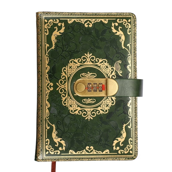 Uxcell Vintage Leather Journal Notebook with Combination Lock, A5 Diary with Lock, 100 Sheets Lined Password NoteBook Pen Holder & Card Slot Floral Design for Home Office Travel, Green
