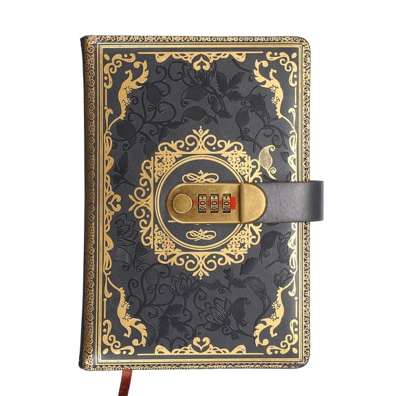Uxcell Vintage Leather Journal Notebook with Combination Lock, A5 Diary with Lock, 100 Sheets Lined Password NoteBook Pen Holder & Card Slot Floral Design for Home Office Travel, Grey