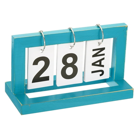 Uxcell Vintage Wood Perpetual Calendar, Wooden Flip Calendar Turn Page Month Date Display for Desk, Blue