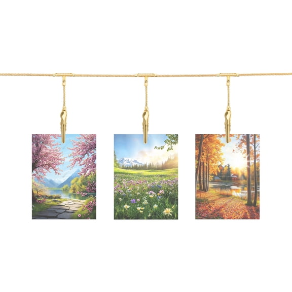 Uxcell Wall Hanging Photo Display Cable Wire Rod with 12 Alligator Clips 5Ft Hanging Picture Frames Collage Gold
