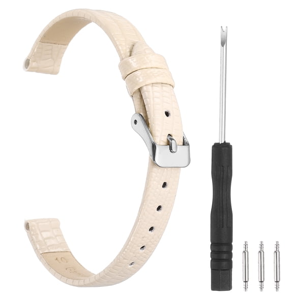 Watch Band 10mm Width PU Quick Release Soft Watch Straps Replacement Lizard Grain Pattern with Stainless Steel Silver Buckle and Spring Bar for Men Women, Beige