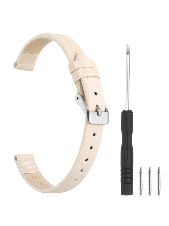 Watch Band 10mm Width PU Quick Release Soft Watch Straps Replacement Lizard Grain Pattern with Stainless Steel Silver Buckle and Spring Bar for Men Women, Beige