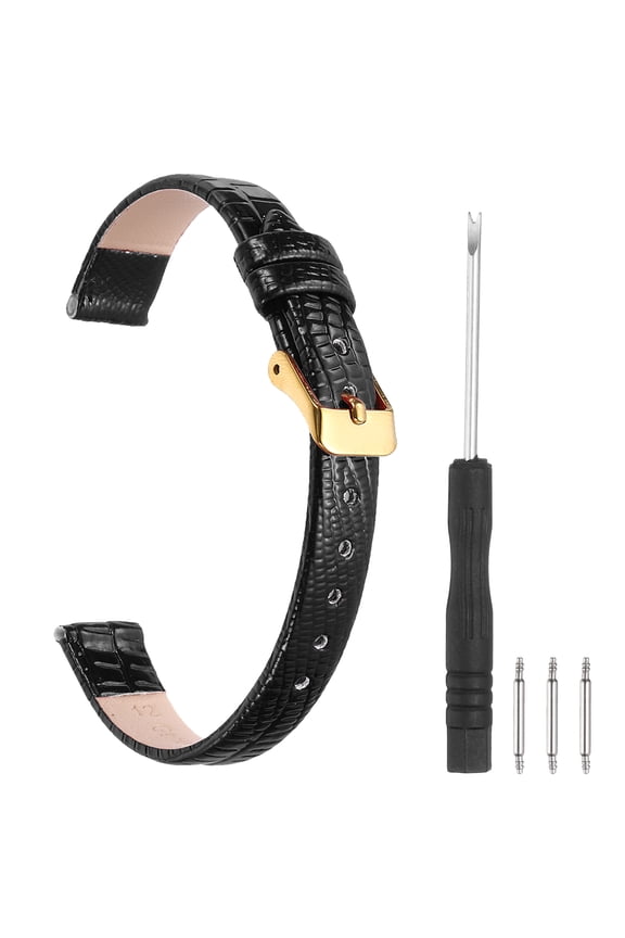 Watch Band 12mm Width PU Quick Release Soft Watch Straps Replacement Lizard Grain Pattern with Stainless Steel Gold Buckle and Spring Bar for Men Women, Black